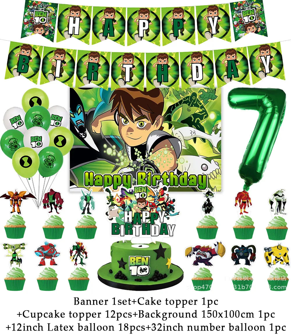 Cartoon Ben-10 Birthday Party Decoration Balloons Favor Set Banner Cake Toppers Baby Shower Boys Gift Party Supplies Photo Prop