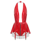 Glossy Wet-Look Halter Romper Bodysuit with Flared Skirt Hem & Integrated Garters