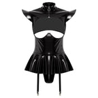 Glossy Wet-Look Halter Romper Bodysuit with Flared Skirt Hem & Integrated Garters