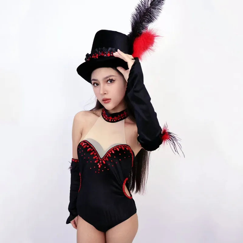 Women Team Jazz Dance Performance Costume Sexy Back Backless Crystal Bodysuit with Gloves Feather Hat Nightclub Gogo Rave Outfit