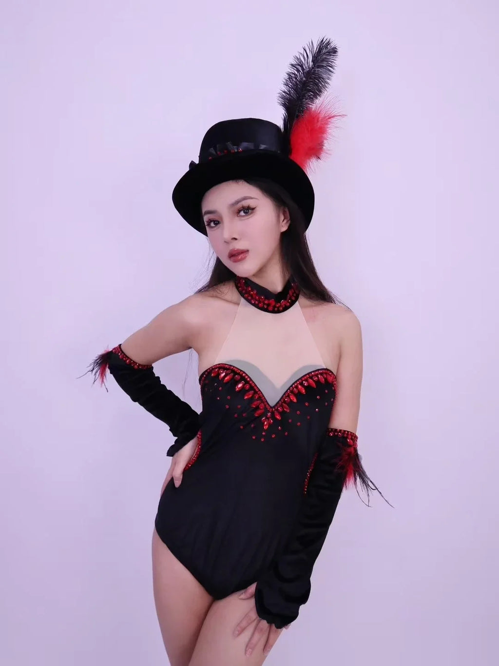 Women Team Jazz Dance Performance Costume Sexy Back Backless Crystal Bodysuit with Gloves Feather Hat Nightclub Gogo Rave Outfit