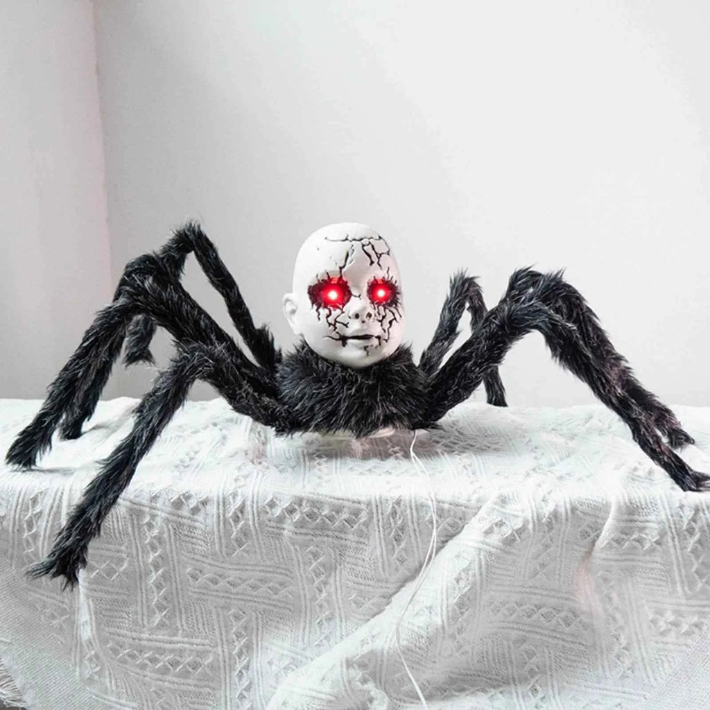 Animatronic Doll Face Spider Motion Activated Glowing Eyes Sound Control Halloween Scary Walking Toy Haunted House Prop
