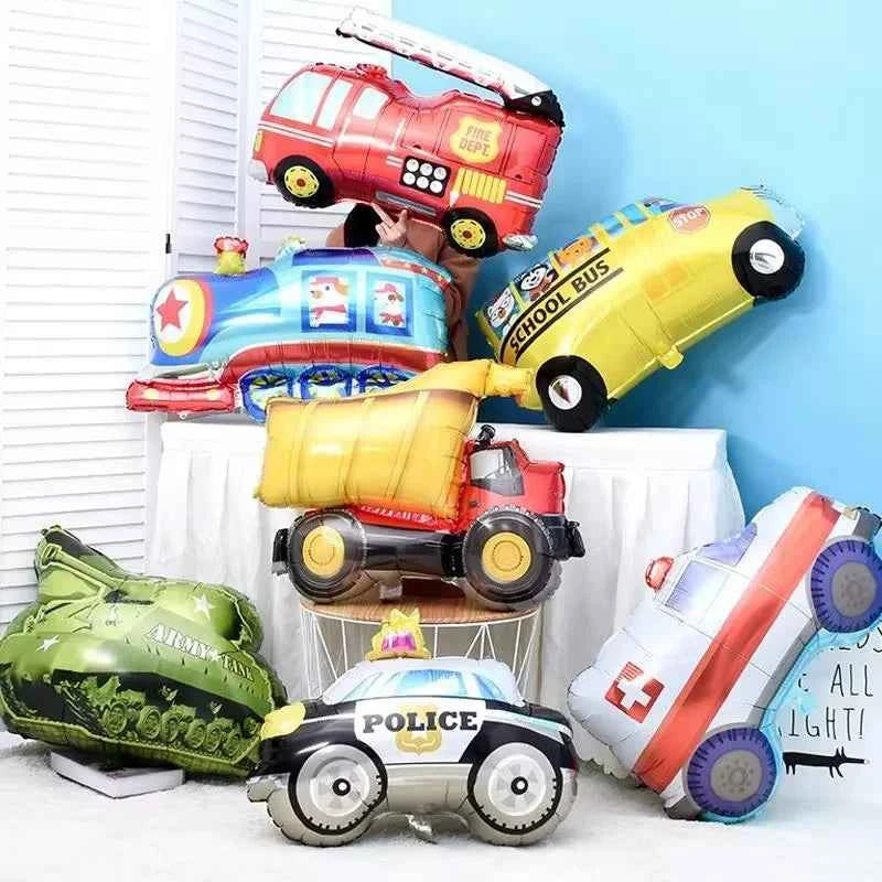 5 random mini transportation balloons, mini trains, school buses, fire trucks, balloons, cars, themed birthday party decorations