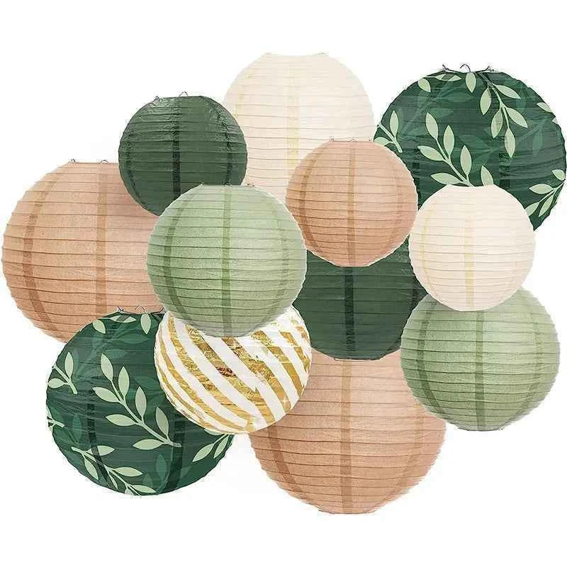 12PCS Sage Green Paper Lanterns Rustic Wedding Decorations Background Retro Green Lantern Holiday Props Birthday Party Supplies