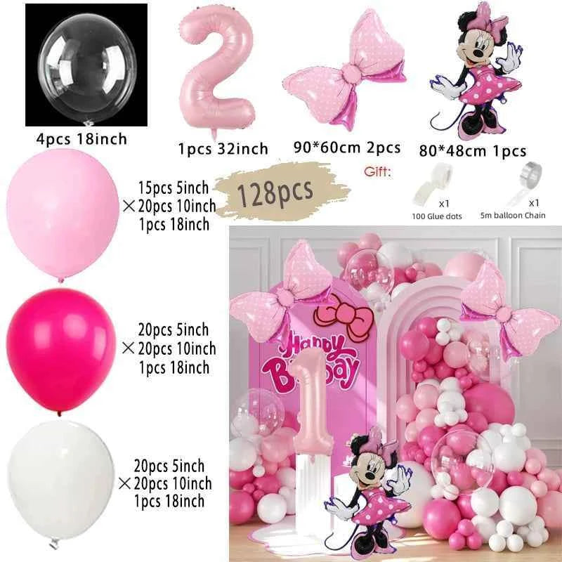 128PCS Minnie Mouse Pink Bow Aluminum Mold Balloon Garland Arch Set Girl Princess Birthday Party Baby Shower Decoration Supplies