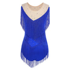 Sparkly Rhinestone & Tassel Fringe Latin Dance Leotard Crew Neck Bodysuit