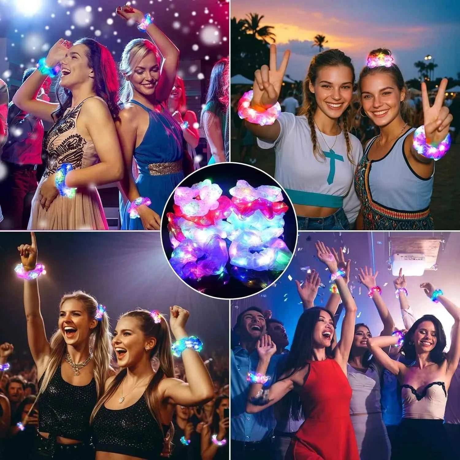 100pcs LED Scrunchies Girl Luminous Flashing Hair Scrunchy Light Up Hairbands Party Favors Glow In The Dark Supplies