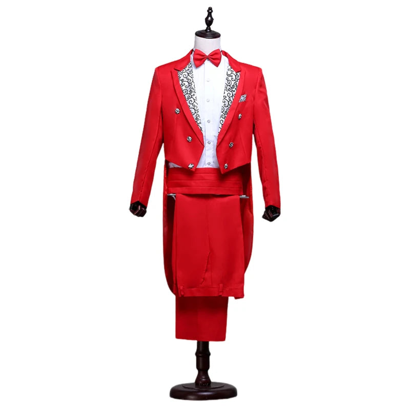 Tailcoat Suits Men Vest Jacket White Tail Coat Chorus Tuxedo Floral Stage Costume Singer Performer Magician Host Outfits - Big Tim's Magic Emporium