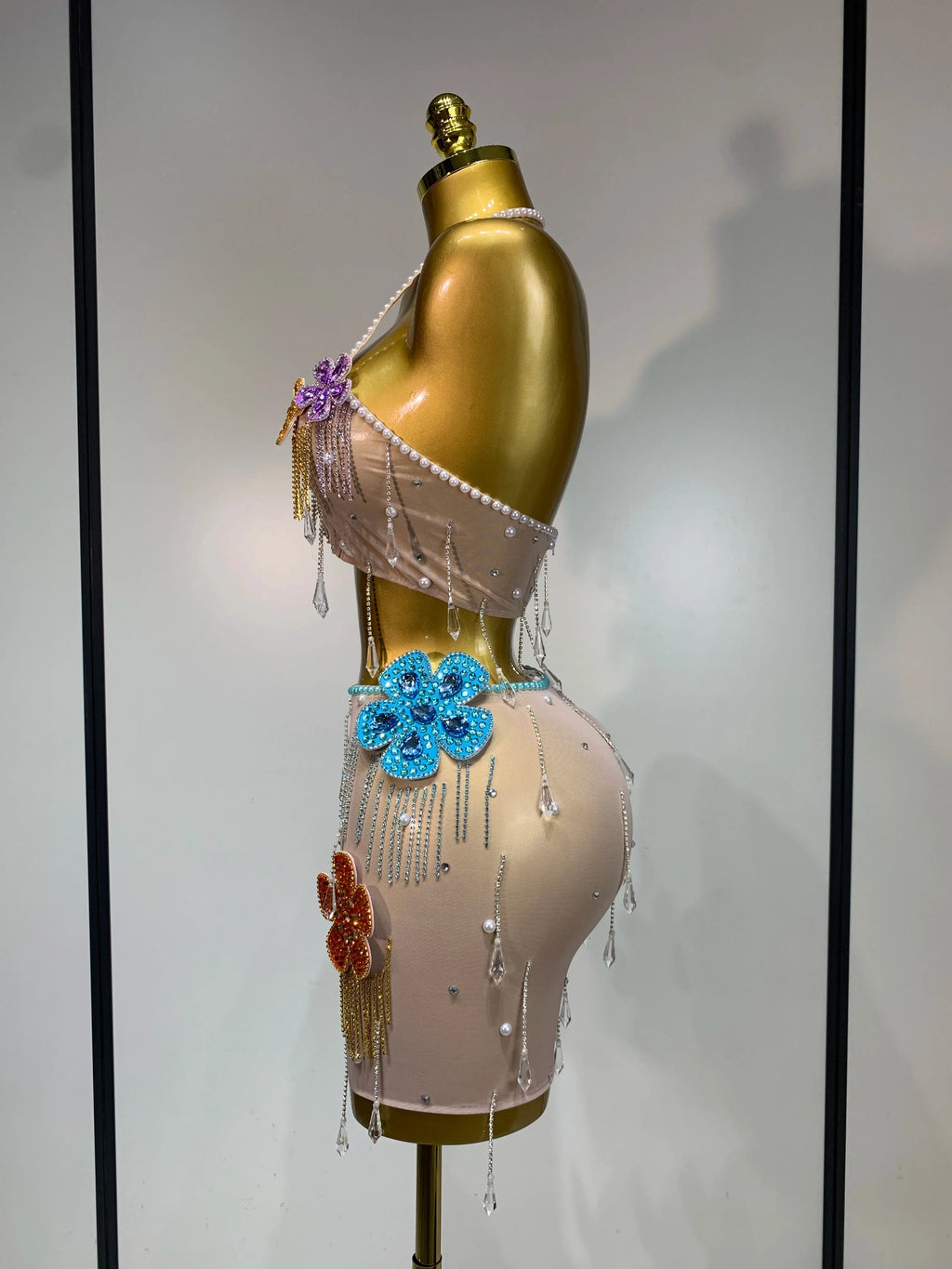 Colorful Rhinestone Pearl Sheer Dress & Two-Piece Mini Skirt Set Celebration Outfit