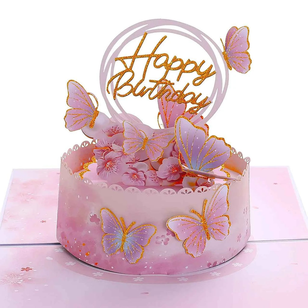 Birthday Pop Up Card: 3D Butterfly Cake & Cherry Blossom Design with Envelope