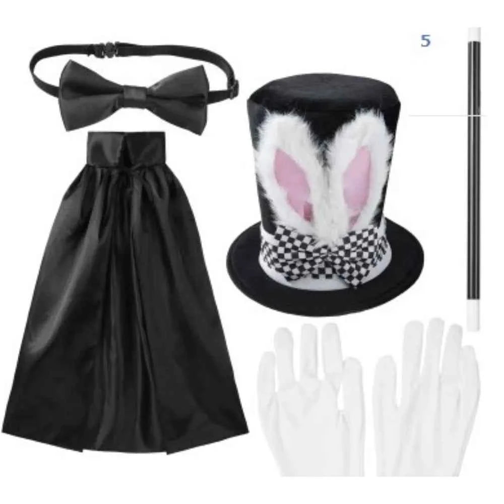 Halloween Little Magician Kids Black Single Cape White Short Gloves Magic Wand Black Bow Tie Velvet High Hat with Rabbit Ears
