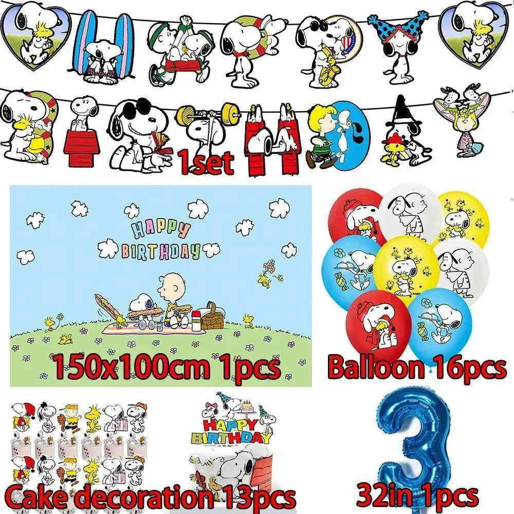 Cartoon Snoopys Birthday Decoration Set Banners Cake Toppers Balloons Backdrops Kids Birthday Gifts Baby Shower Party Supplies