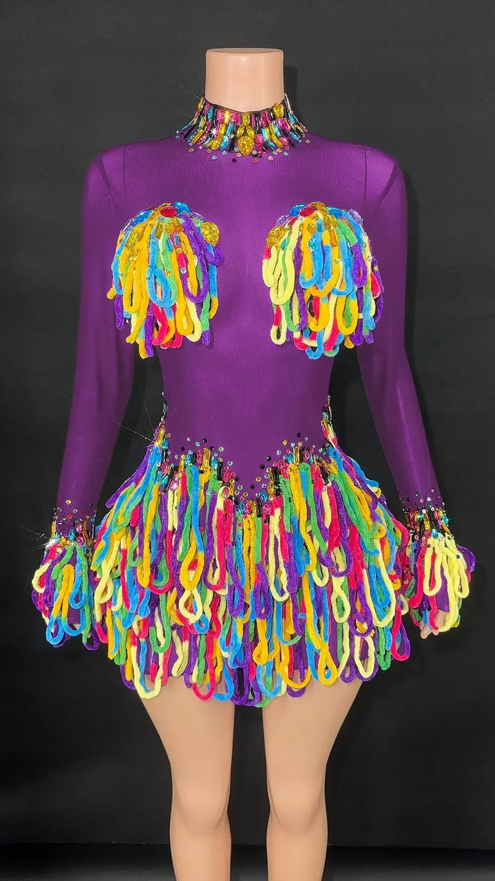 Rainbow Crystal Rhinestone Bodysuit Cascading Fringe Tassel Long-Sleeve Stage Costume