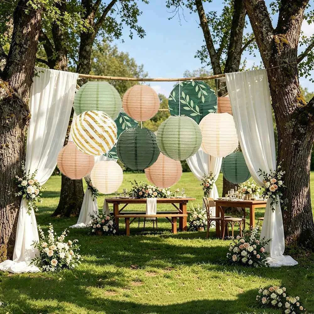 12PCS Sage Green Paper Lanterns Rustic Wedding Decorations Background Retro Green Lantern Holiday Props Birthday Party Supplies