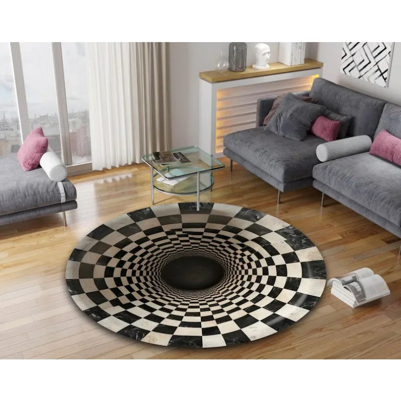 3D Optical Illusion Rug, Hypnotic Black & White Vortex Carpet, Creates A Mesmerizing Infinite Abyss in Your Room Floor Decor