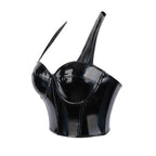 Black Shiny PU Leather Halter Corset Crop Top Push-Up Bustier Gothic Bra