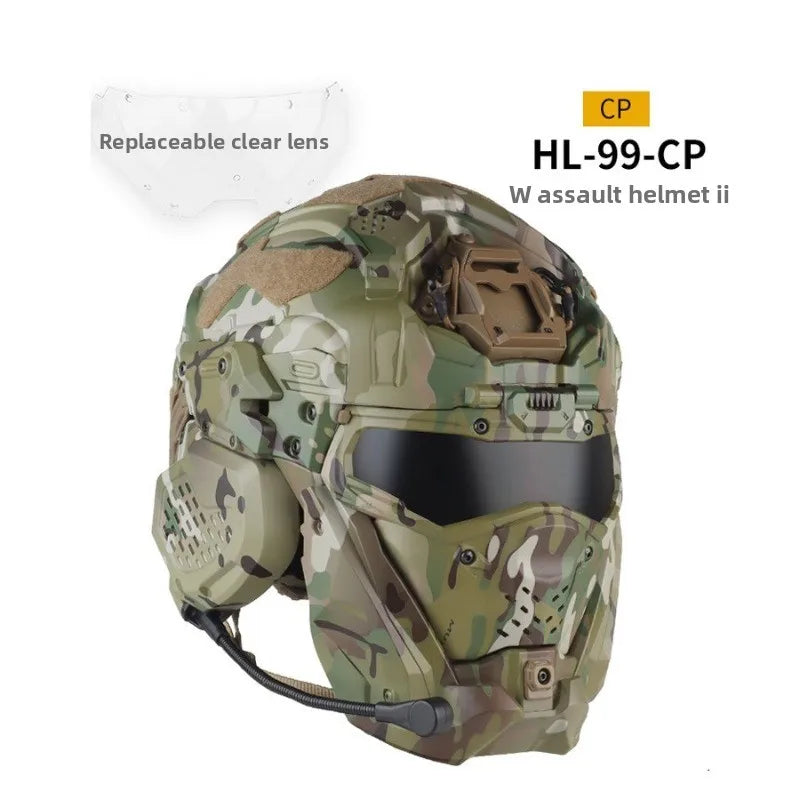 Full Face Helmet with Built-in HD Earphone, Flip-Up Mask & Anti-Fog Fan, Replaceable Lens & NVG Mount for Game/Role-Play/Riding