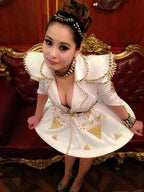White Faux Leather Studded Stage Dress & Fluffy Skirt Pop Singer Costume Set