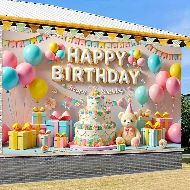 One, a "Happy Birthday" banner, colorful balloons and cake design, with a teddy bear, a birthday party background banner