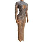 Sparkling Full Crystal Illusion Jumpsuit Long Sleeve Rhinestone Catsuit Stage Wear