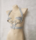 Sparkly Silver Carnival Rhinestone Wire Bra Festival Push-Up Dance Top