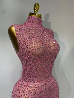 Sparkly Rhinestone Sleeveless Maxi Long Dress See-Through Sheer Mesh Stage Outfit