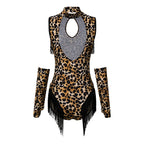Leopard Cutout Bodysuit & Fringe Sleeves 2-Piece Latin Ballroom Stage Costume Set