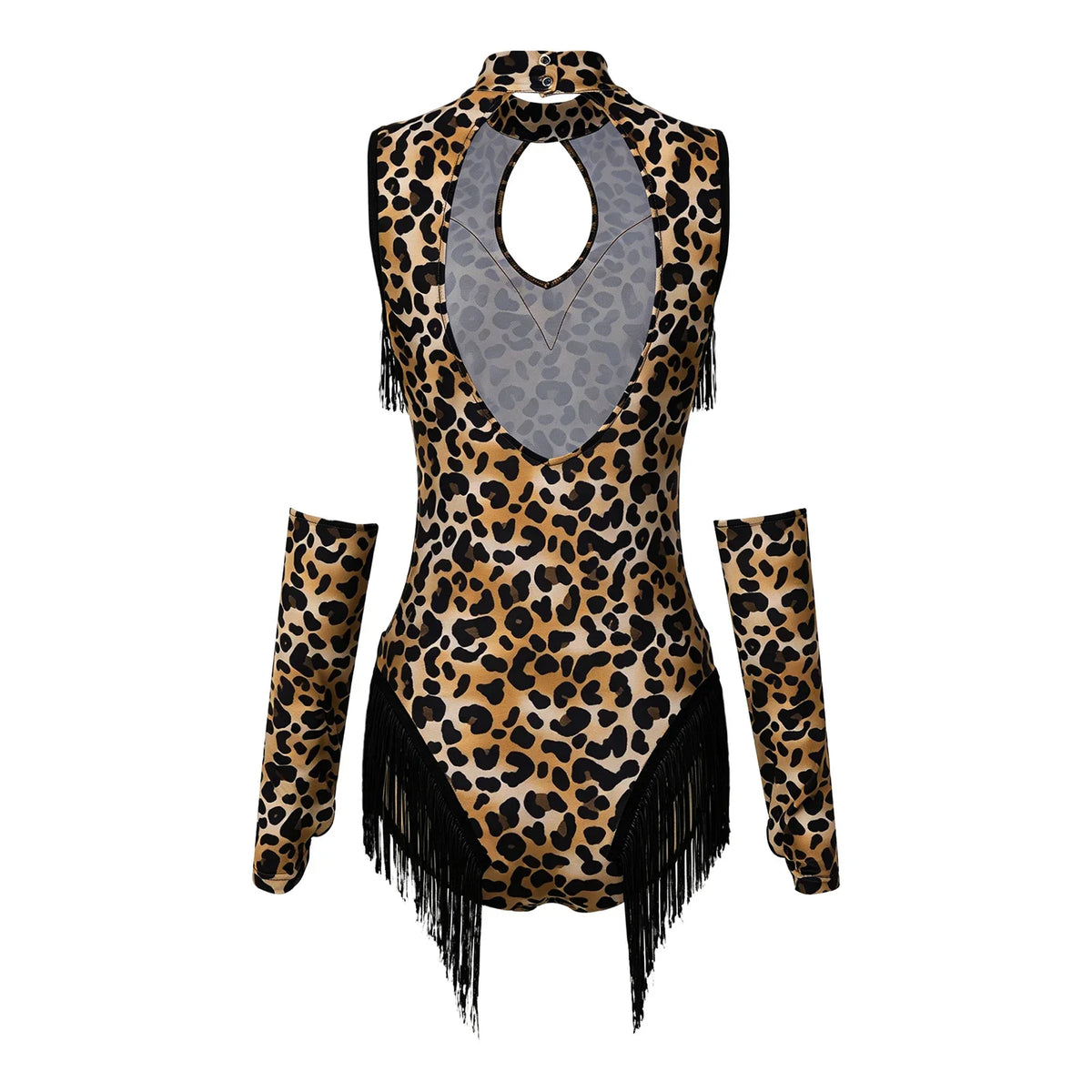 Leopard Cutout Bodysuit & Fringe Sleeves 2-Piece Latin Ballroom Stage Costume Set