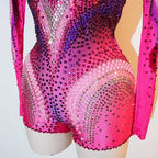 Luxury Pink Rhinestone long sleeve bodysuit Dancer Stage Wear Perform Show Girl Sheer Drag Queen Outfit Bar Nightclub
