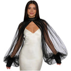 Shimmering Mesh Lantern Sleeve Bolero Shrug & See-Through Mock Neck Top