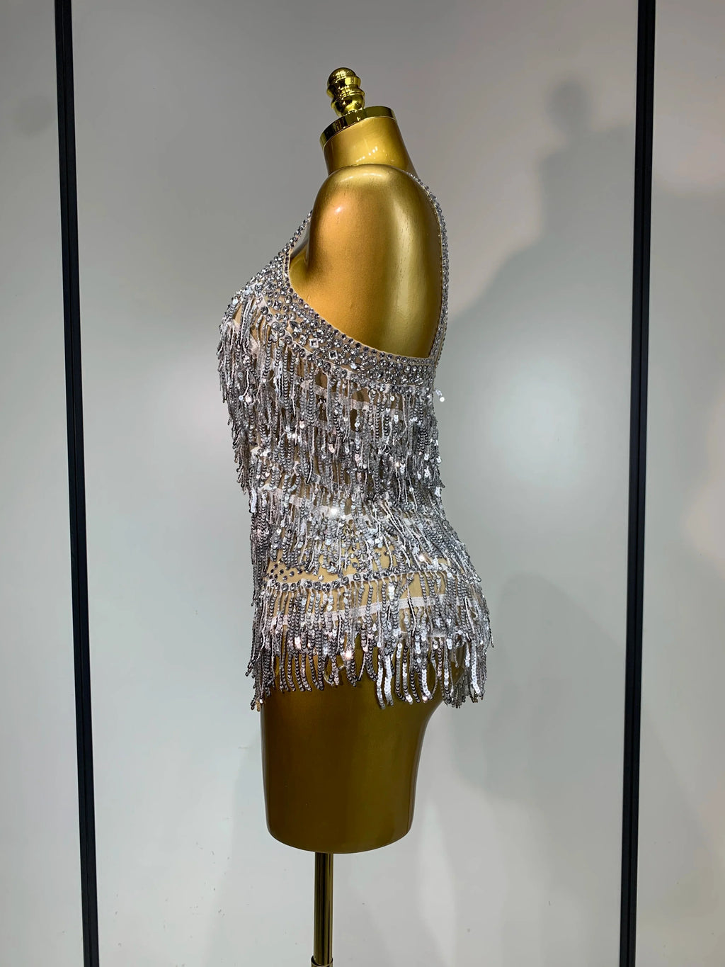 Sparkly Rhinestone Tassel Backless Mesh Bodysuit Luxury Stage Performance Costume