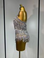 Sparkly Rhinestone Tassel Backless Mesh Bodysuit Luxury Stage Performance Costume
