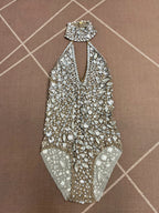 Silver Rhinestone High-Cut Backless Stage Bodysuit Dance Performance Leotard