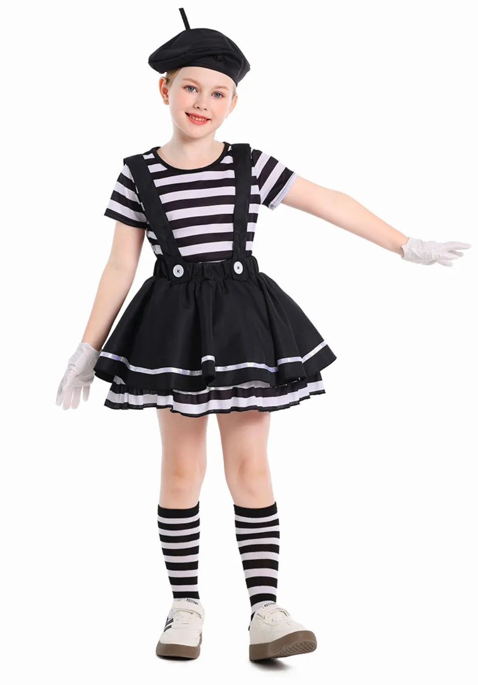 Girls Silent Actor Mime Artist Costume Funny Black White Clown Cosplay Dress for Halloween Carnival Party Outfits - Big Tim's Magic Emporium