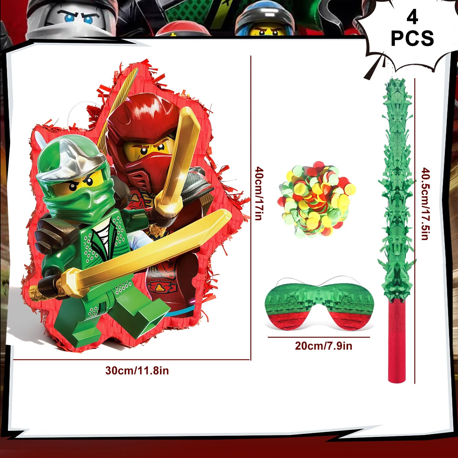 4 Pcs Ninja Party Pinata Bundle-Large Ninja Piñata Blindfold&Pinata Stick etc Ninja Birthday Party Supplies for Boys/Girls
