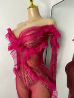 Sparkly Diamonds Women Long Sleeve See Through Mesh Tight Jumpsuit Costume Nightclub Dancer Outfit Performance Stage Wear