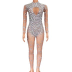 Sparkling Full Crystal Illusion Jumpsuit Long Sleeve Rhinestone Catsuit Stage Wear