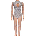 Sparkling Full Crystal Illusion Jumpsuit Long Sleeve Rhinestone Catsuit Stage Wear