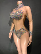 Sparkly AB Rhinestone Sheer Mesh Bodysuit & Stage Performance Costume