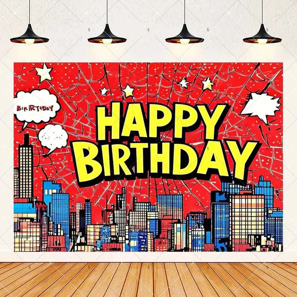 Customized Photography Studio Props Cartoon Superhero City Background Fecoration Children's Happy Birthday Outdoor Party Banner