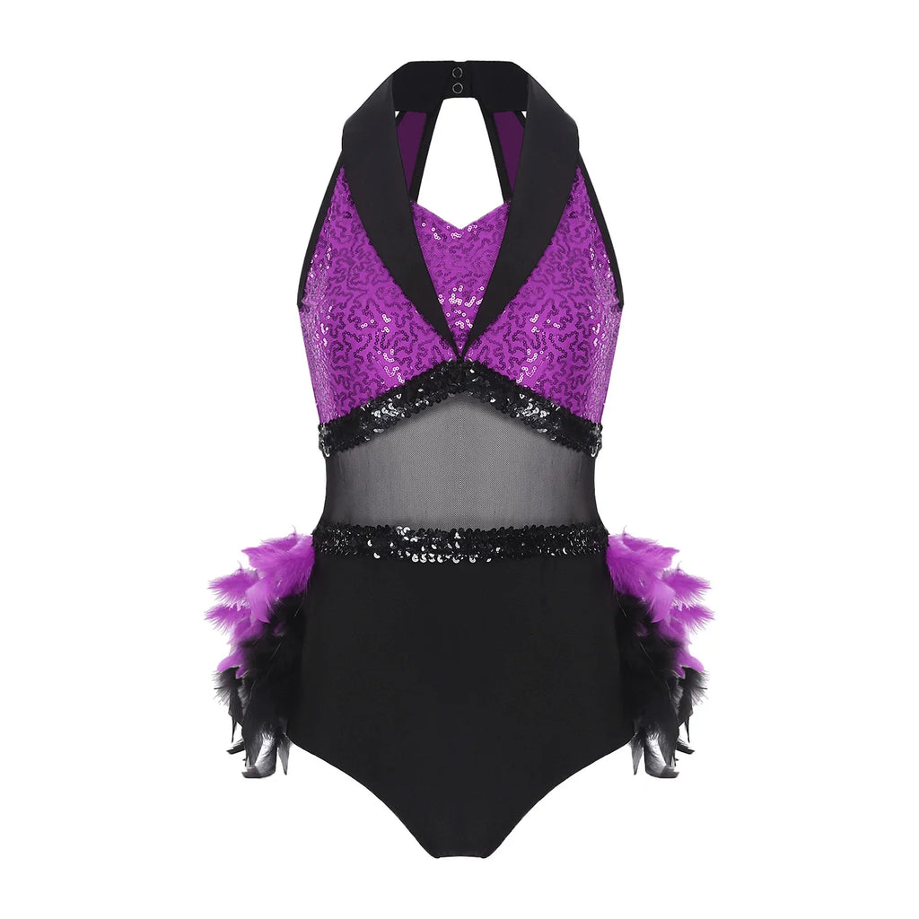 Women's Shiny Sequin Sheer Mesh Feather Latin Jazz Dance Bodysuit