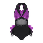 Women's Shiny Sequin Sheer Mesh Feather Latin Jazz Dance Bodysuit