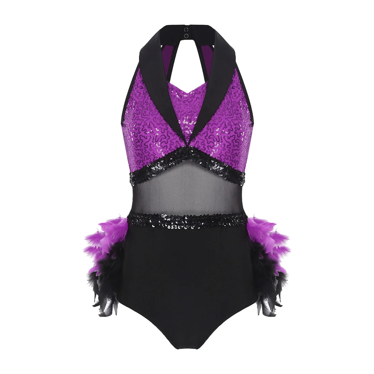 Women's Shiny Sequin Sheer Mesh Feather Latin Jazz Dance Bodysuit