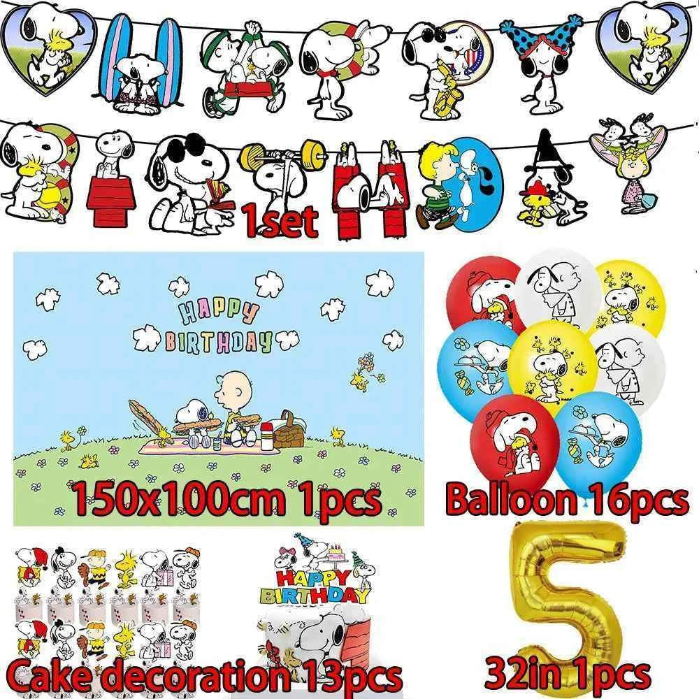 Cartoon Snoopys Birthday Decoration Set Banners Cake Toppers Balloons Backdrops Kids Birthday Gifts Baby Shower Party Supplies