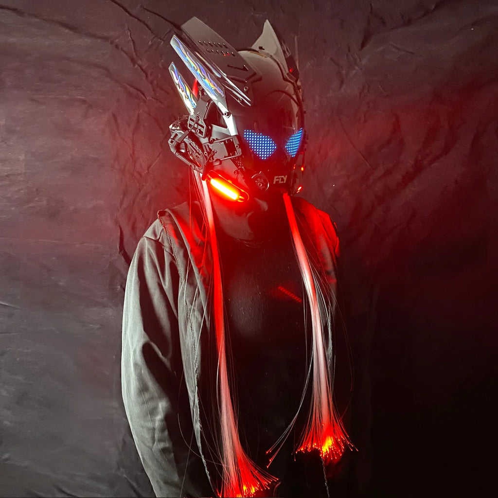 Cyber Punk Mask Mech Warrior Cosplay Helmet With LED Color Screen With Light Up Braids Cosplay Helmet Halloween Party Props Gift - Big Tim's Magic Emporium