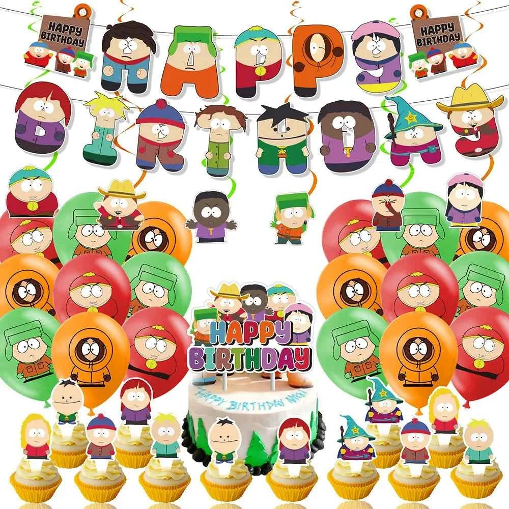 South North Parks Cartoon Theme Birthday Party Decoration Balloon Banner Cake Topper comedy Party Supplies For Baby Shower