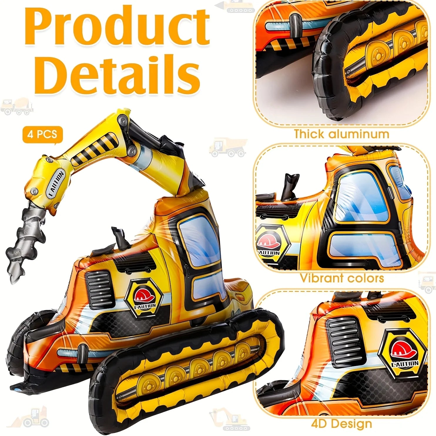 4Pcs 4D Building Balloon Birthday Party Supplies Excavator Vehicles Dump Truck Mixer Truck Aluminum Foil Balloons Party Decor