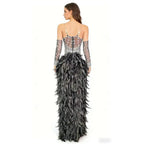 Rhinestone Chain Bodysuit with Detachable Feather Train & Sleeves 3-Piece Stage Costume Set