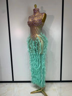 Mint Green Ombré Rhinestone Illusion Gown Tiered Ruffle Hem Maxi Stage Dress