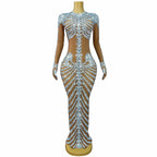Fashion Skeleton Pattern Designed Shining Rhinestones Mesh Dress Women Halloween Party Celebrate Show Stage Outfit